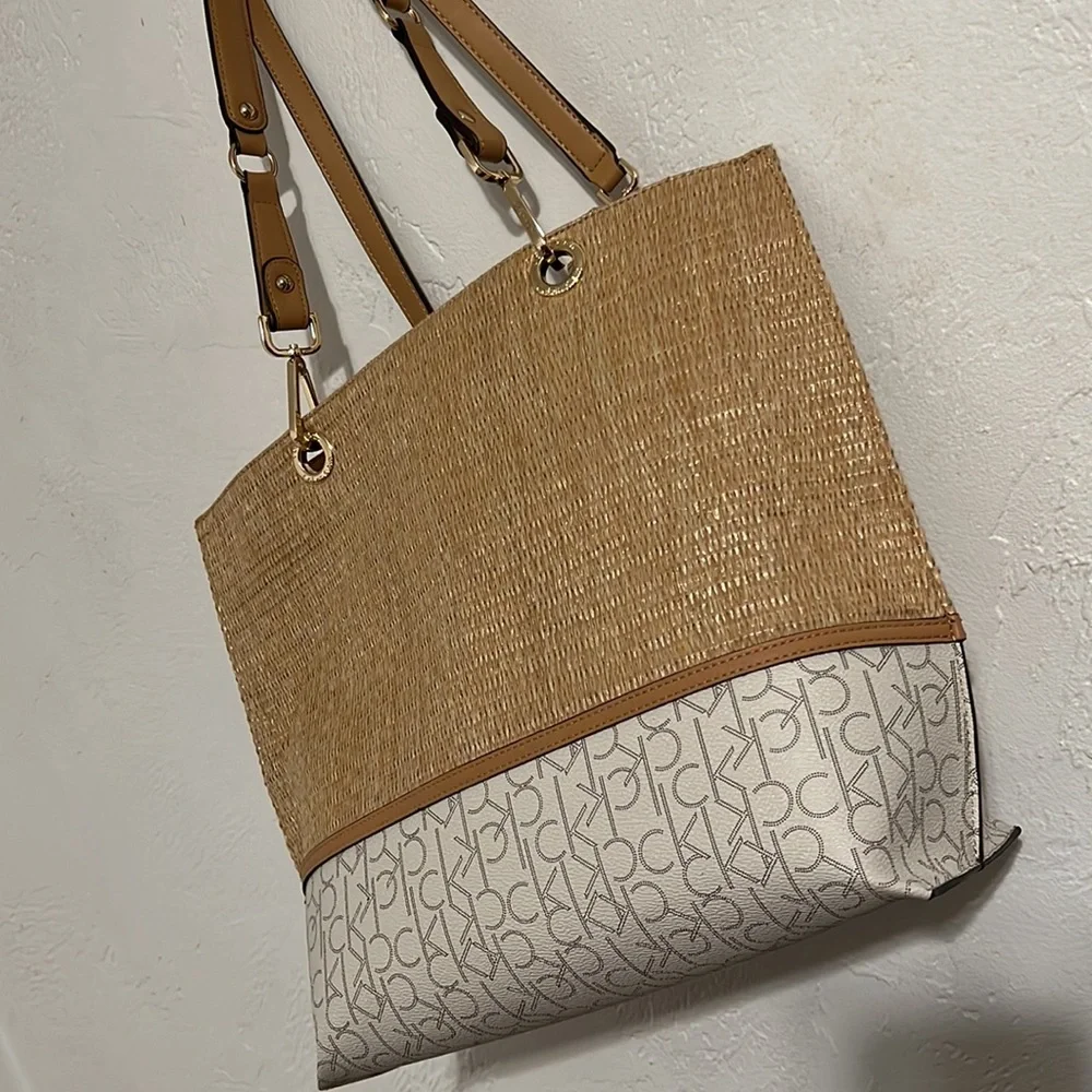 Calvin Klein Beige Straw Tote with Ivory CK Logo Panel
